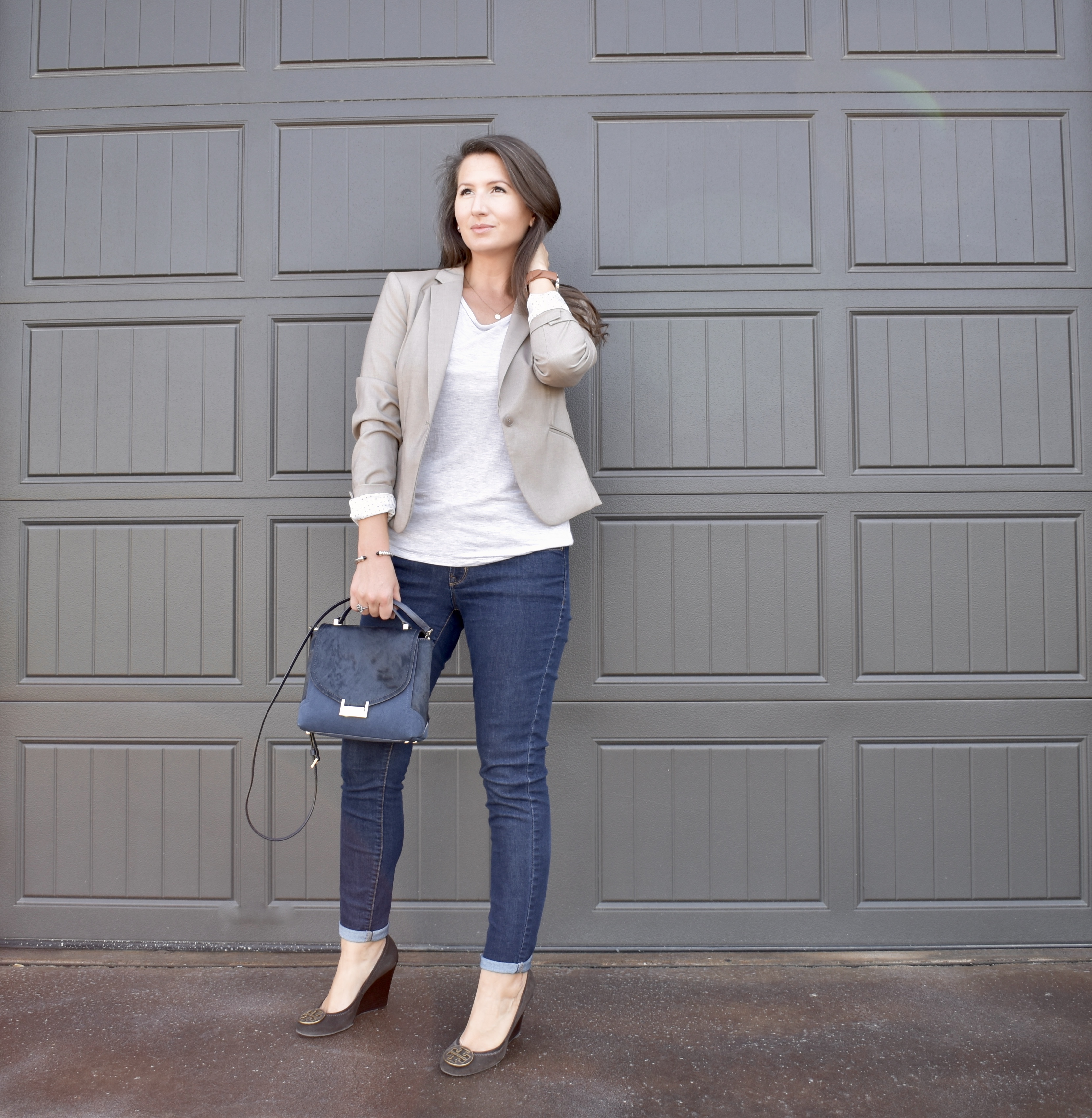 Business Casual Meets Chic | workwear, office style, jeans, blazer, wedges, tory burch, kate spade